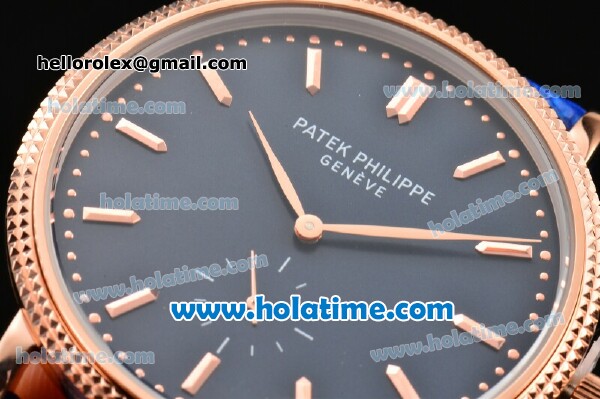 Patek Philippe Calatrava Miyota Quartz Rose Gold Case with Stick Markers and Blue Dial - Click Image to Close